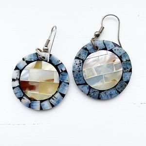 Boho & chic blue and cream tile disc drop earrings